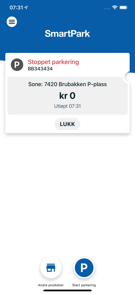 Interface de l'application mobile SmartPark affichant une notification de session de stationnement arrêtée avec les informations de zone