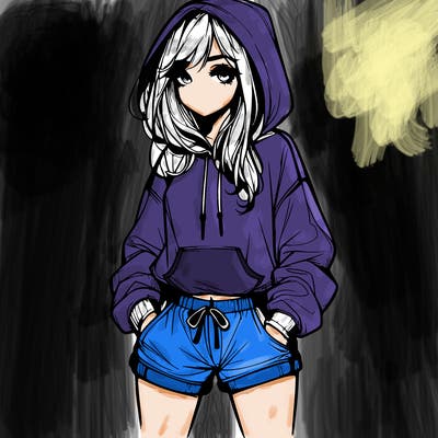 realistic girl in shorts and hoodie