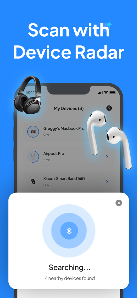 Find My Lost Device app interface showing the Bluetooth radar scanning for nearby gadgets