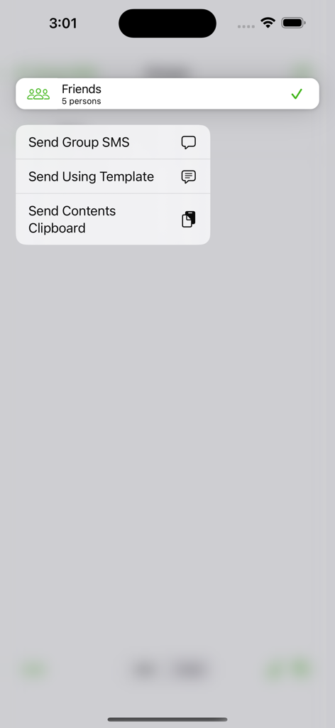 iPhone app menu for sending a group SMS message with options for templates and clipboard content