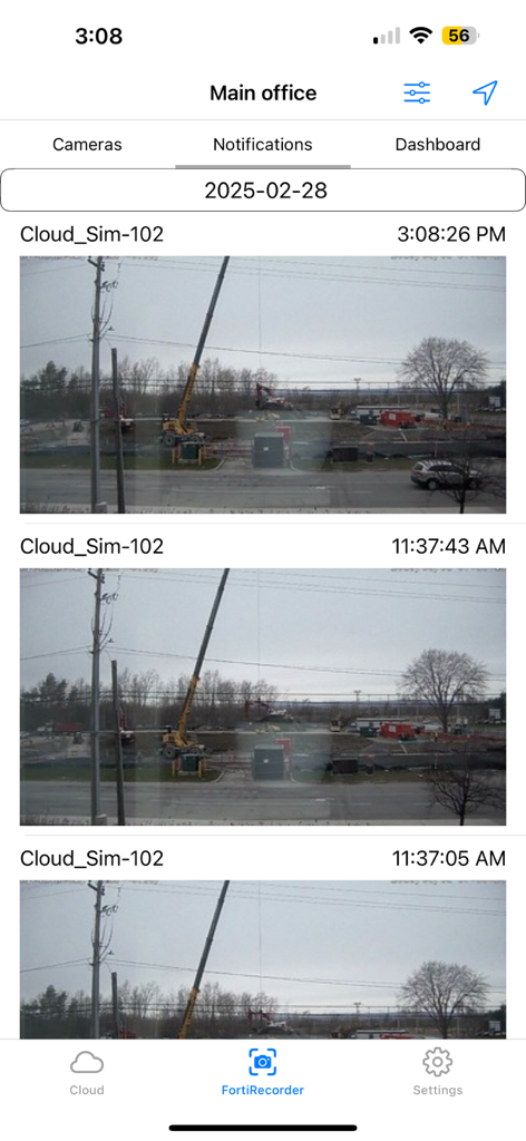 FortiCamera - FortiCamera app notifications screen showing recorded video events with thumbnails and timestamps from a main office camera.