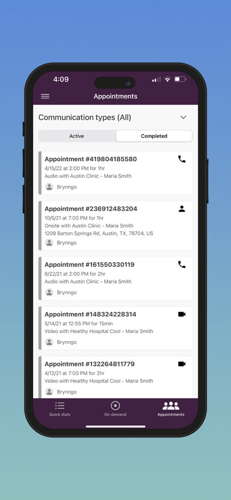 A list of completed audio and video interpretation appointments in the InterpretManager app interface