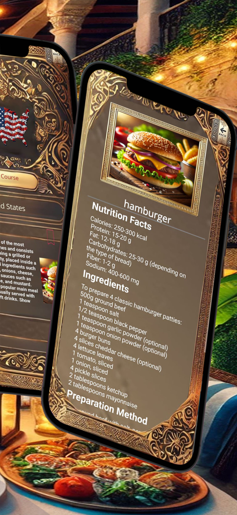 Taste Atlas - A smartphone screen from the Taste Atlas app showing hamburger nutrition facts and ingredients