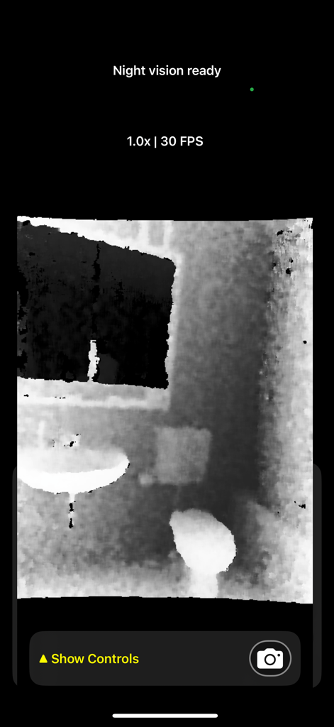 Night Eyes Vision - A grayscale LiDAR depth map showing a bathroom interior in the Night Eyes Vision app