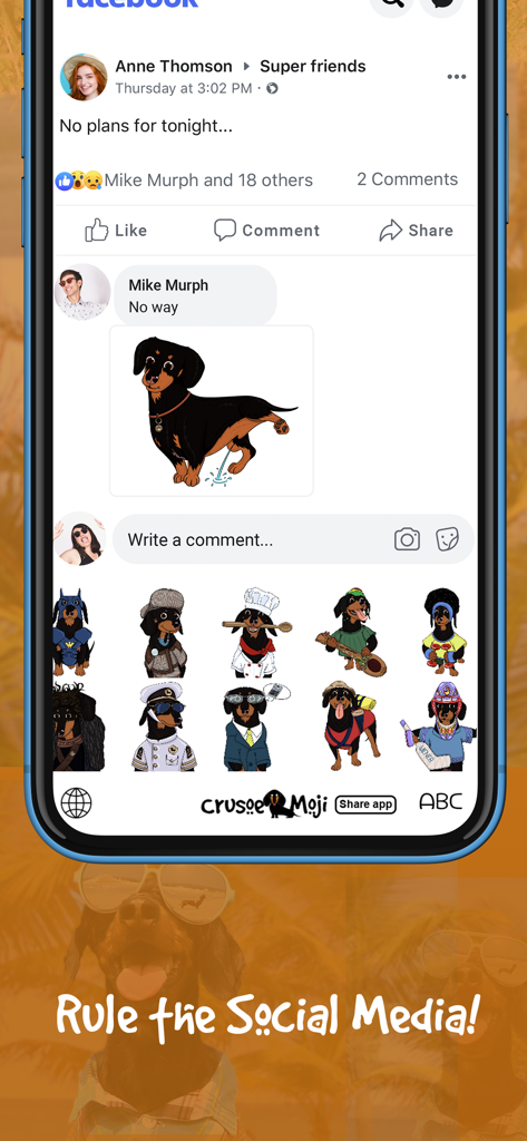 CrusoeMoji - Dachshund sticker - Uma tela de smartphone mostrando vários adesivos do Crusoe the Dachshund usados ​​em um tópico de comentários do Facebook.