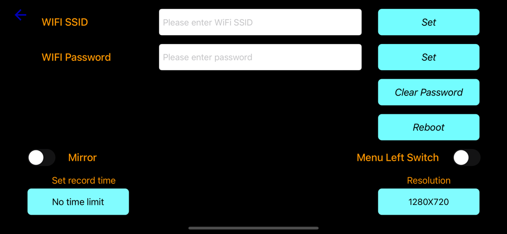 Mo-View App-Einstellungen zeigen WiFi-Konfigurationsoptionen, Auflösungsauswahl und Videoaufzeichnungseinstellungen.