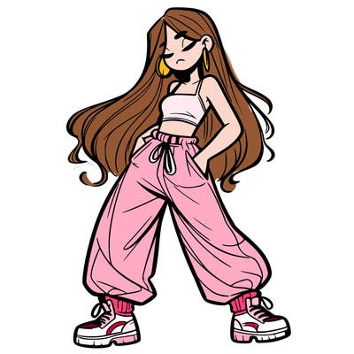 girl in baggy pants crop top and long hair