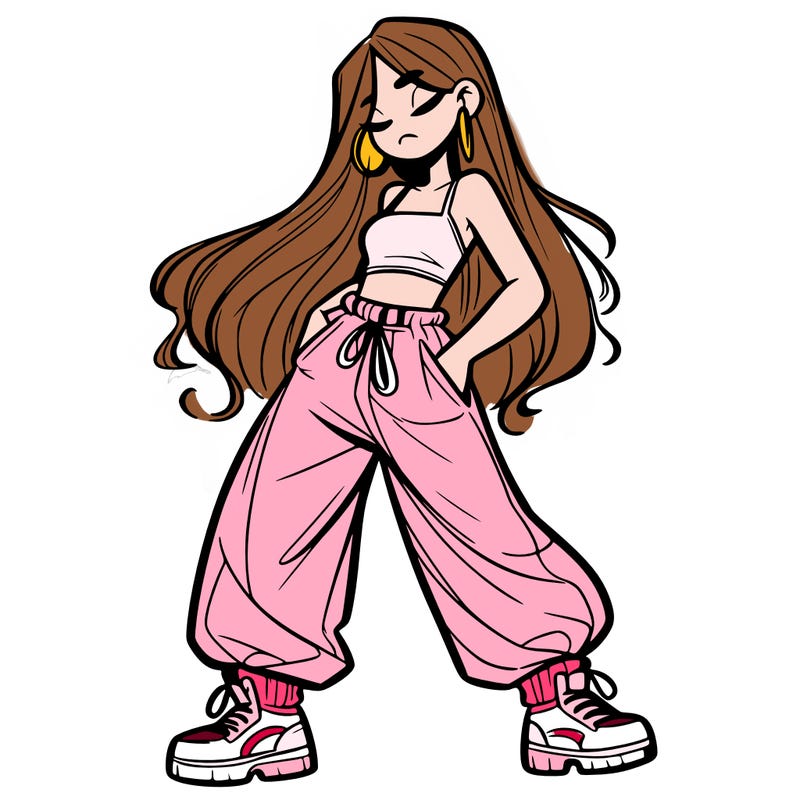 girl in baggy pants crop top and long hair