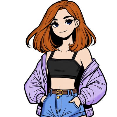 a realistic girl with a crop top and short shorts in an open jacket