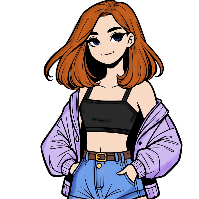 a realistic girl with a crop top and short shorts in an open jacket
