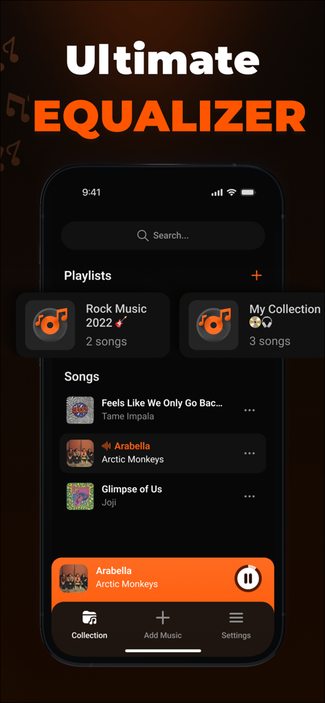 Volume Booster & Bass: Bassify - Bassify app interface showing music playlists and equalizer settings