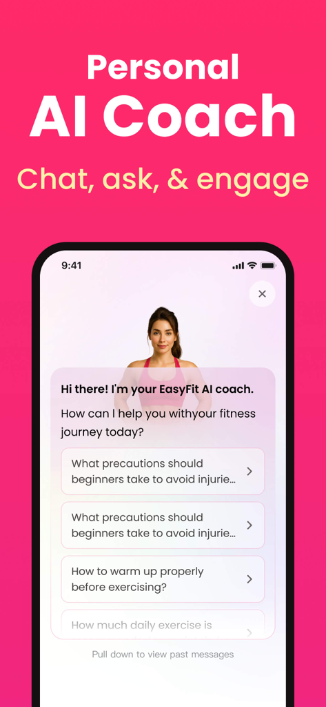 EasyFit AI-Home Workout - Ein Smartphone, das die EasyFit KI-Coach-Oberfläche mit vorgeschlagenen Fitnessfragen und einer persönlichen Begrüßung anzeigt