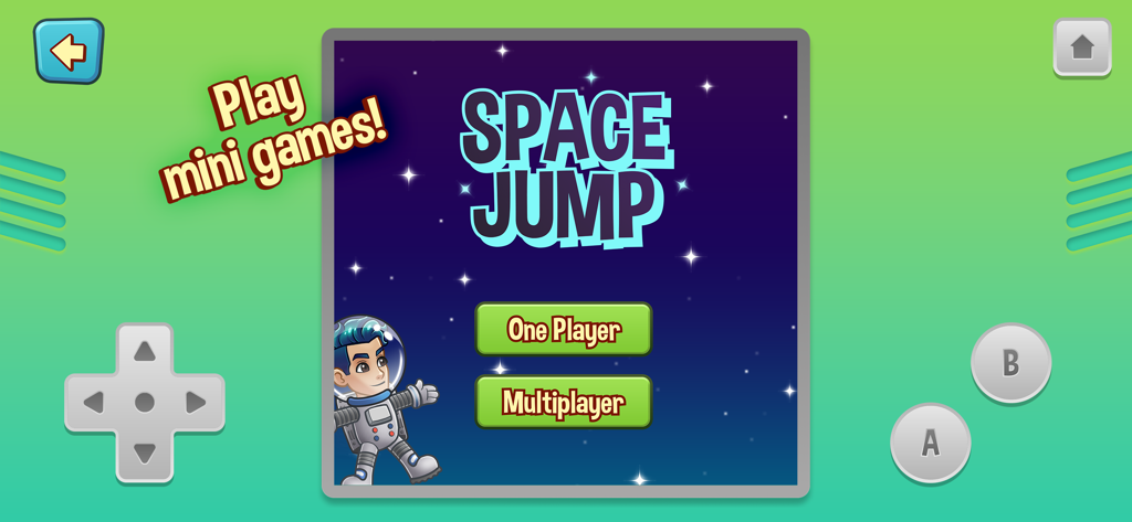 Space Jump Minispiel-Menü in der Friendbase virtuellen Welt App mit einem Astronauten-Avatar und Multiplayer-Optionen.