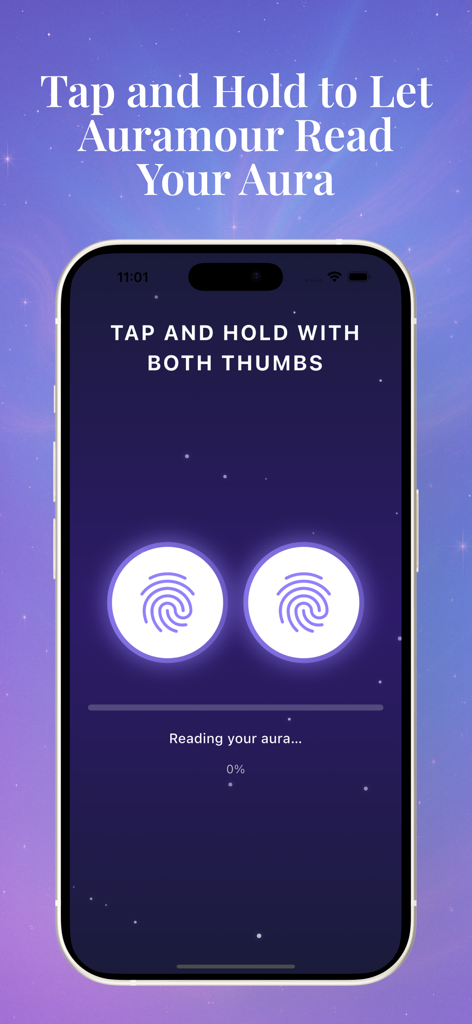 Una pantalla de aplicación móvil que muestra una función de lectura de aura digital con dos iconos de huellas dactilares brillantes y la instrucción de tocar y mantener presionados ambos pulgares.