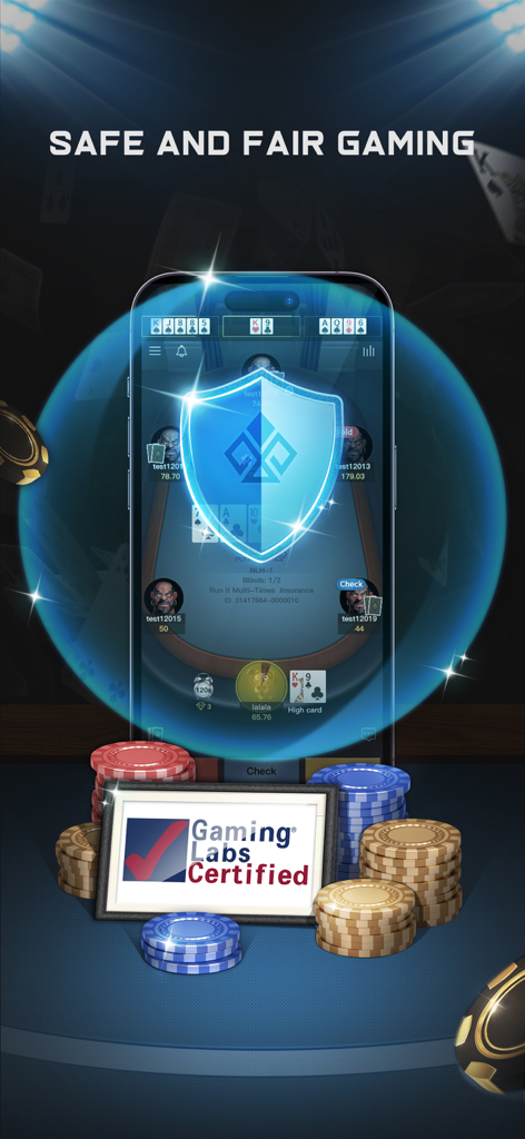 Schermata dell'app mobile PokerMan che mostra gioco sicuro ed equo con certificazione Gaming Labs