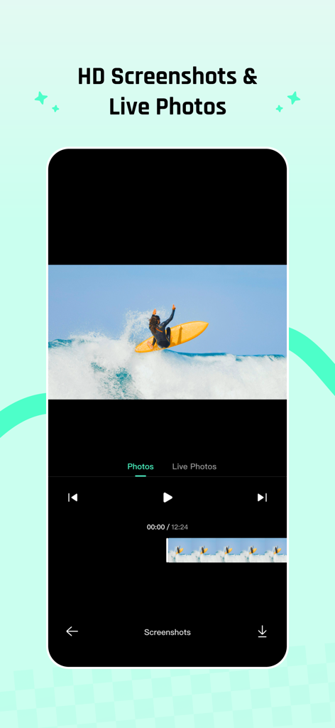 Xtra Tech - Oberfläche der Xtra Tech Mobile App mit HD-Screenshots und Live-Fotos eines Surfers