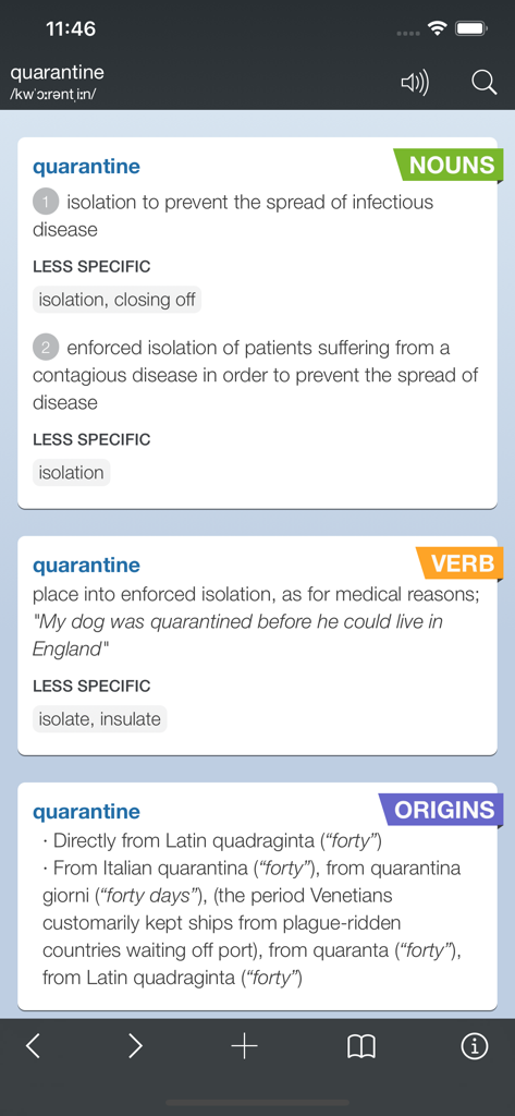 Interface of the Advanced English Dictionary showing the word quarantine with its phonetic pronunciation, definitions, verb usage, and historical origins.