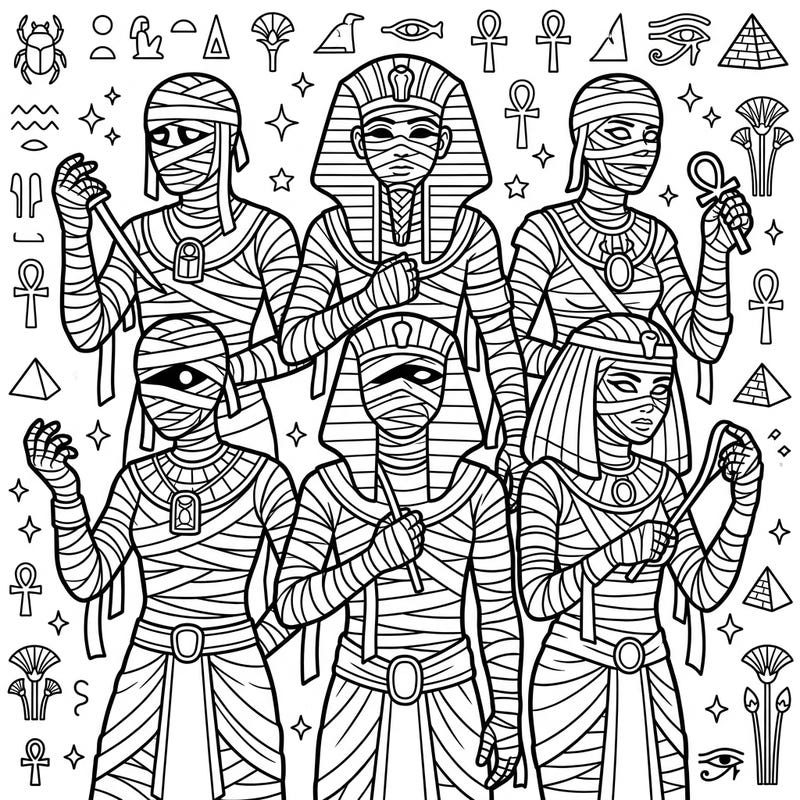 Dive into the mystique of ancient Egypt with this captivating coloring page featuring a gathering of bandaged mummies. Perfect for enthusiasts of history and intricate designs, this template invites you to bring these legendary figures to life with your chosen palette.