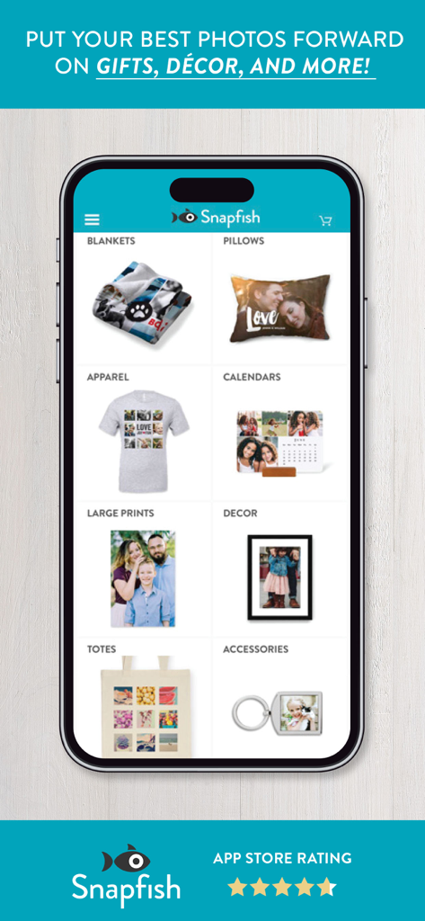 Snapfish app screen showing personalized photo products like blankets, pillows, and calendars