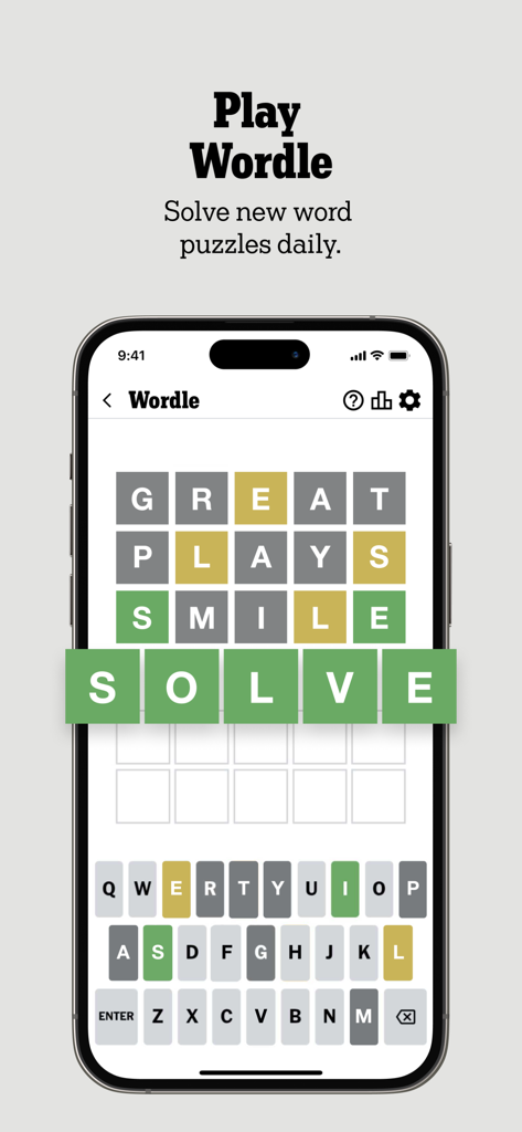 NYT Games: Wordle & Crossword - Interface do NYT Games Wordle mostrando um quebra-cabeça de palavras diário sendo resolvido em um telefone celular