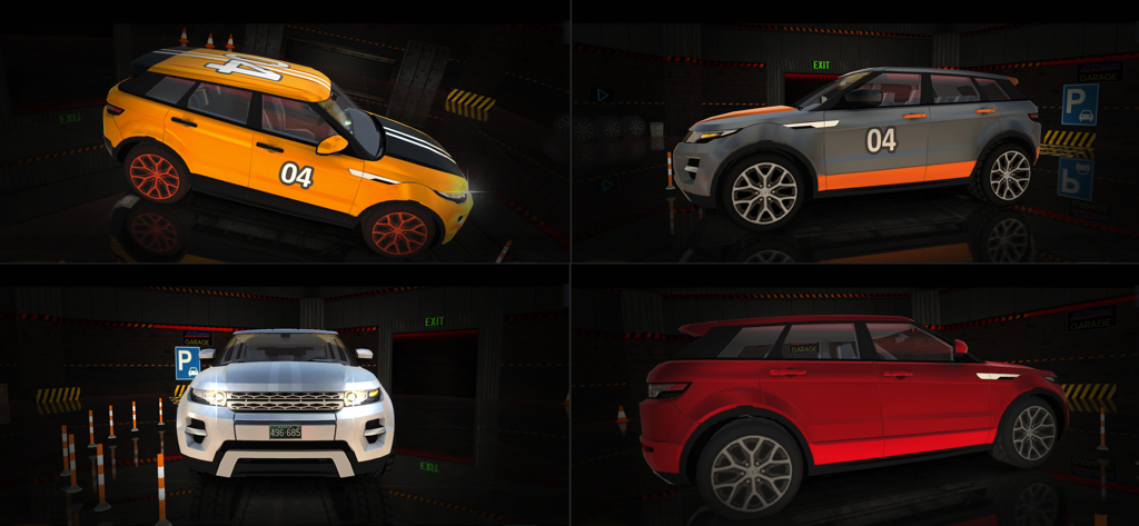 Car Parking Simulator : 2026 - Car Parking Simulator 2026のガレージに表示された様々なSUV車のコラージュ