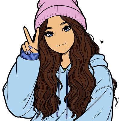 a teenage girl in a beanie, oversized sweatshirt, wavy long hair, and is showing a ✌️