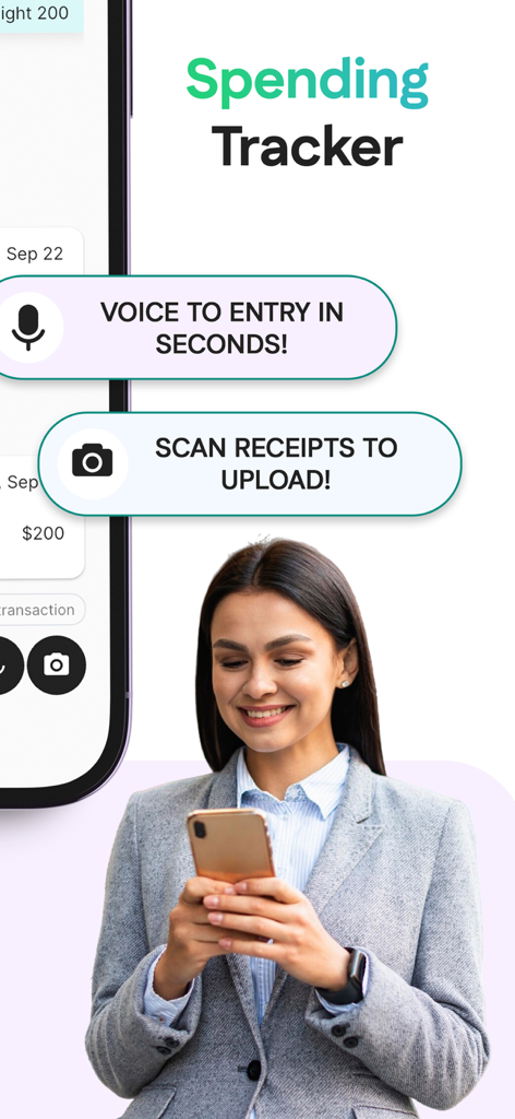 Rolly: AI Budget Money Tracker - A woman using the Rolly AI app which features voice entry and receipt scanning for tracking spending