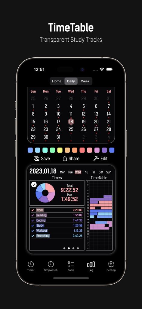 TimerTiTi app interface displaying a daily study timetable and activity logs with colorful charts on a dark background.