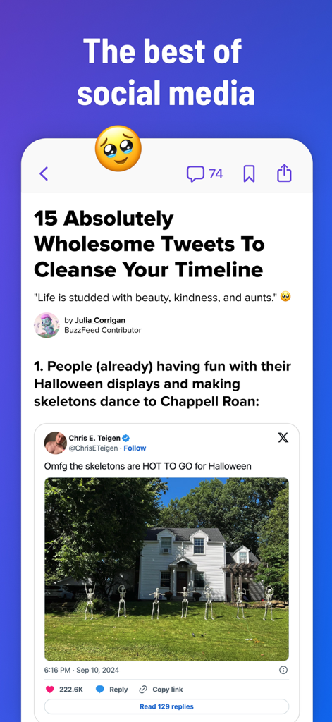 BuzzFeed app screenshot showing curated wholesome social media posts and trending tweets