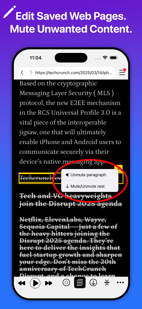 WebOutLoudのスマートフォンインターフェース。不要なコンテンツをミュートし、保存されたWebページを編集する機能を表示