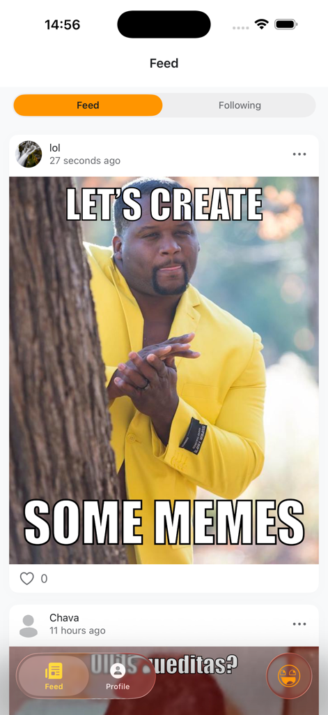 Memes Maker Pro - A screenshot of the Memes Maker Pro app displaying a social feed with a custom meme featuring a man in a yellow suit.