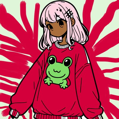 girl wearing frogging sweatshirt
