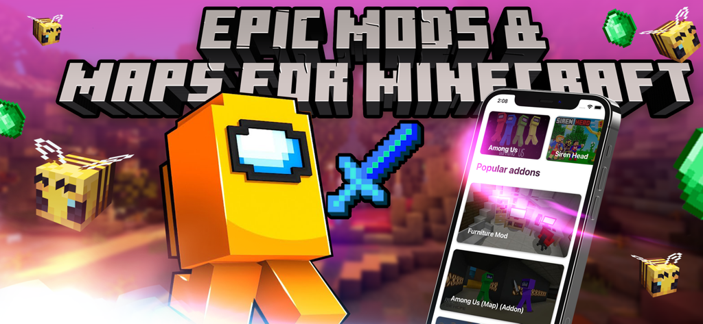 Addons for Minecraft MCPE - Promotional banner for Addons for Minecraft MCPE showing popular mods like Among Us and Siren Head on a smartphone