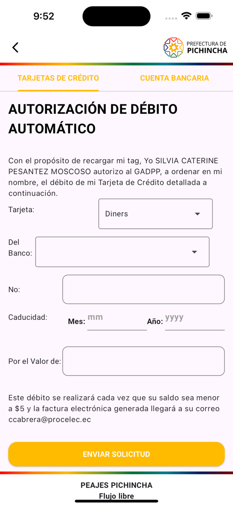 Peajes Pichincha V2 - Pantalla de autorización de débito automático en la aplicación Peajes Pichincha V2 para el registro de tarjetas de crédito.