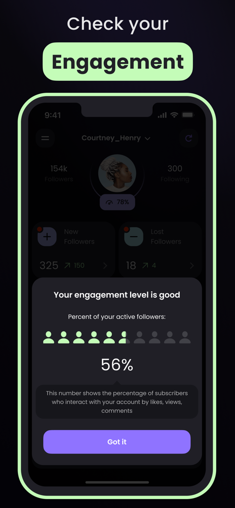 Followers & Unfollowers Report - 56％のアクティブフォロワー率を示すInstagramエンゲージメント分析を表示するモバイルアプリのスクリーンショット