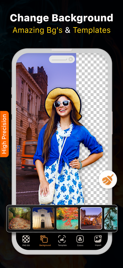 Background Changer: Auto Erase - Una pantalla de smartphone que muestra una foto de una mujer con su fondo siendo eliminado automáticamente para crear un recorte transparente.