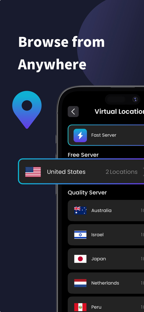 Sky VPN - Super VPN Master - Sky VPN interface showing a list of virtual server locations including the United States, Australia, and Japan