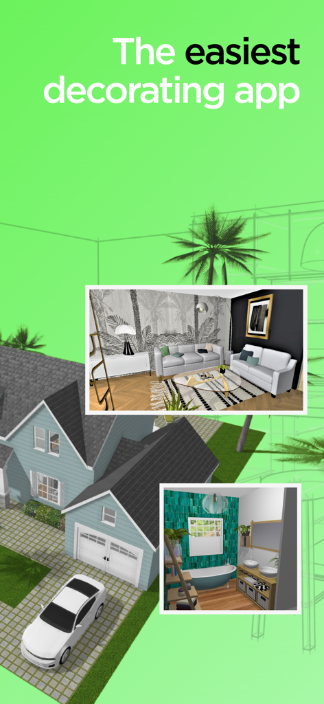 Aplicativo Home Design 3D mostrando um modelo 3D de casa e cômodos interiores decorados