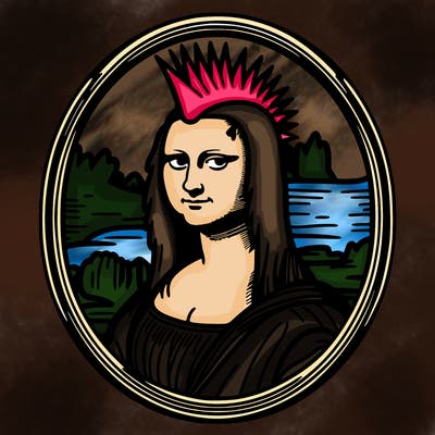 leonardo da vinci's "mona lisa" with punk hairstyle, realistic, thin borders