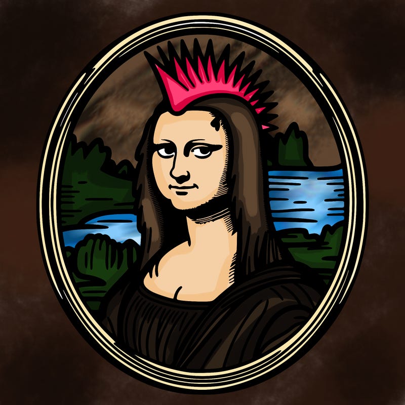 leonardo da vinci's "mona lisa" with punk hairstyle, realistic, thin borders
