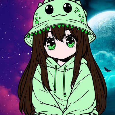 girl with anime shaped eyes with a dinosaur bucket hat oversized sweatshirt long straight hair