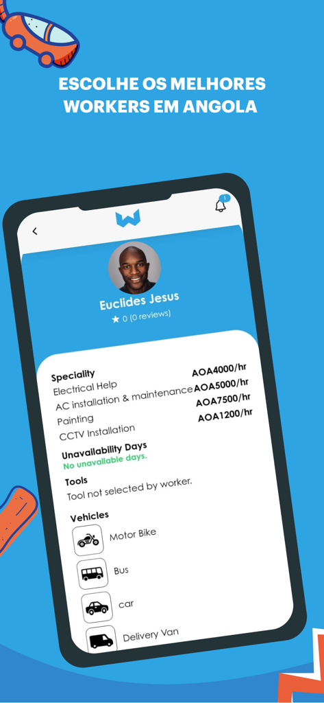 Un profil de fournisseur de services sur l'application Work affichant les services spécialisés et les tarifs horaires