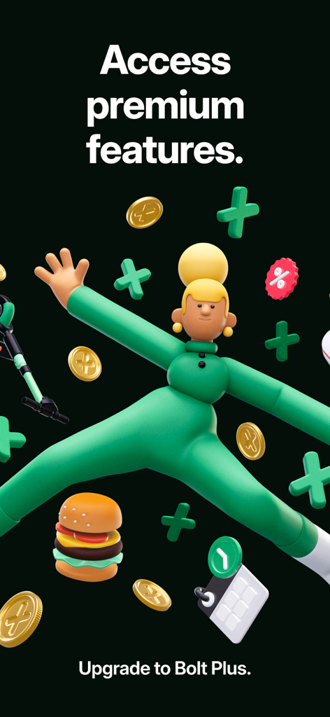 A 3D character jumping among icons representing Bolt Plus premium subscription features like food and scheduling.