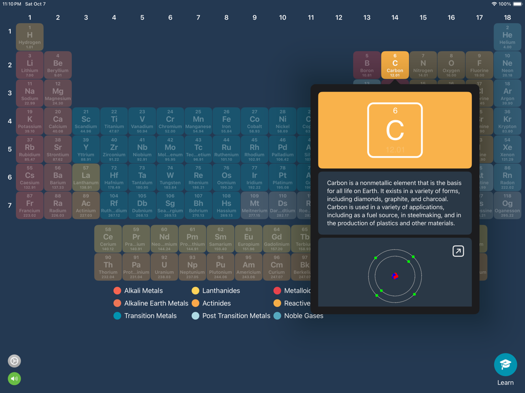 Chemistry Table: Learn+Explore - La interfaz de la aplicación Chemistry Table mostrando información detallada y una estructura atómica para Carbono.
