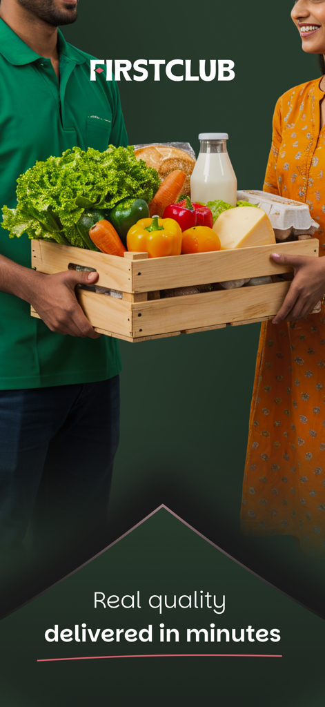 FirstClub: Quality in minutes - 배달원이 고객에게 신선한 채소, 우유, 빵이 담긴 나무 상자를 건네는 모습