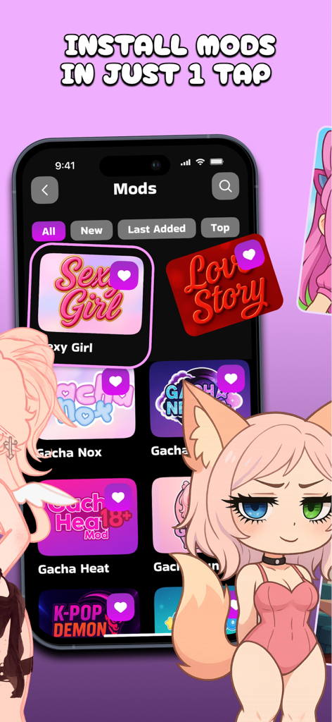 Smartphone display showing the Gacha Star Lab app interface with various mods skins and character options
