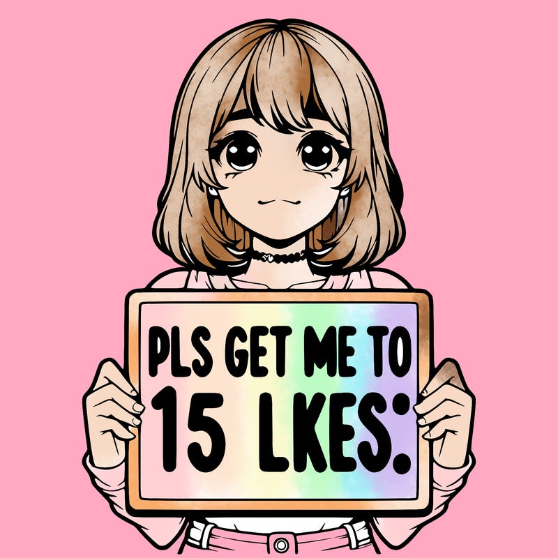 realistic girl holding up a sign that says “pls get me to 15 likes!”