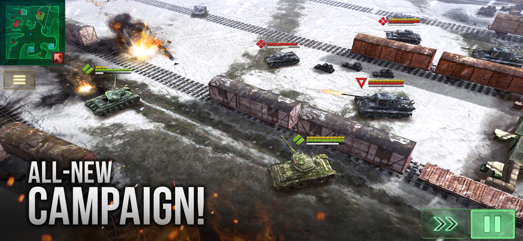 Top-down tactical tank battle in a snowy landscape with train tracks and explosions in Armor Age Tank Wars