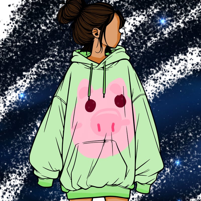 realistic girl with a oversized sweatshirt on and a bun