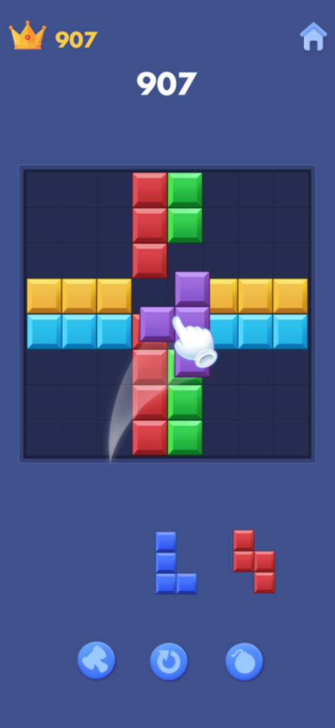 Gameplay coloré de puzzle de blocs dans l'application Block Blast avec un mécanisme de correspondance de grille.